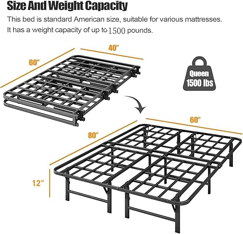 Miniatura 40 de ZIYOO Base de cama plegable resistente California King de 16 pulgadas de alto, plataforma de metal, no necesita somier, fácil montaje, sin ruido,