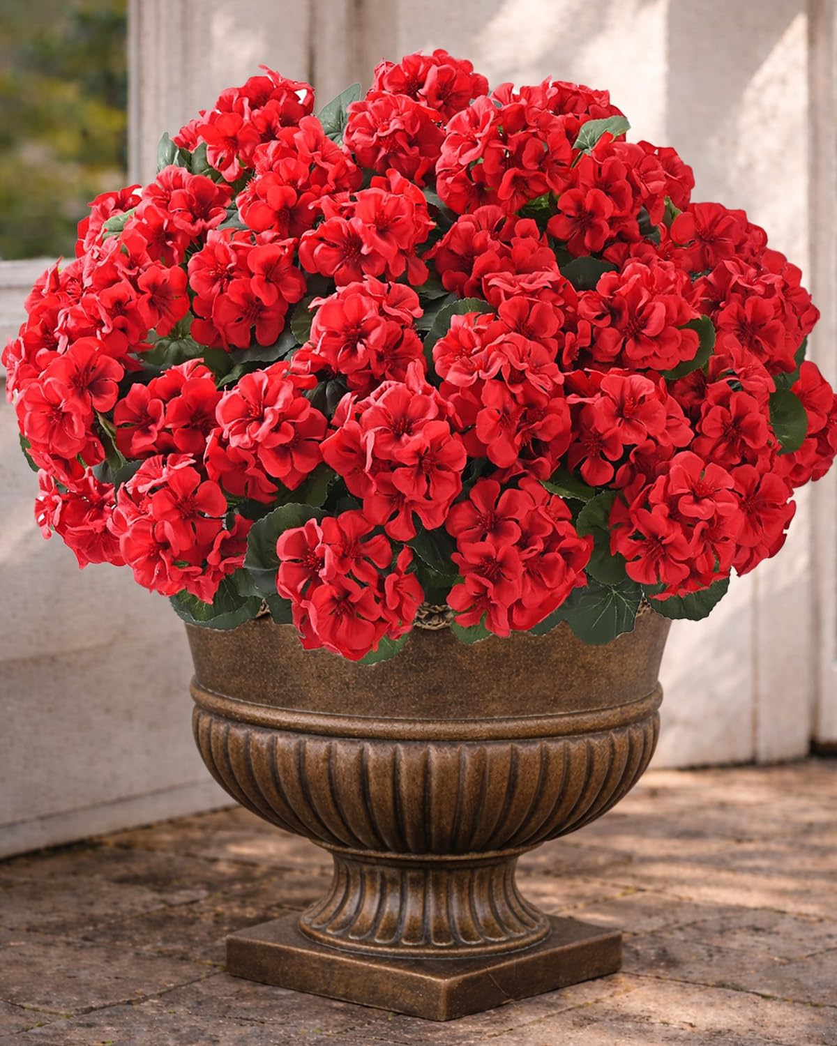 Artificial Flowers for Outdoors – 12 Bundles of UV-Resistant Artificial Geraniums, Realistic Silk Flowers for Front Porch, Patio, Garden, Window Boxes & Hanging Baskets (Red, 12)
