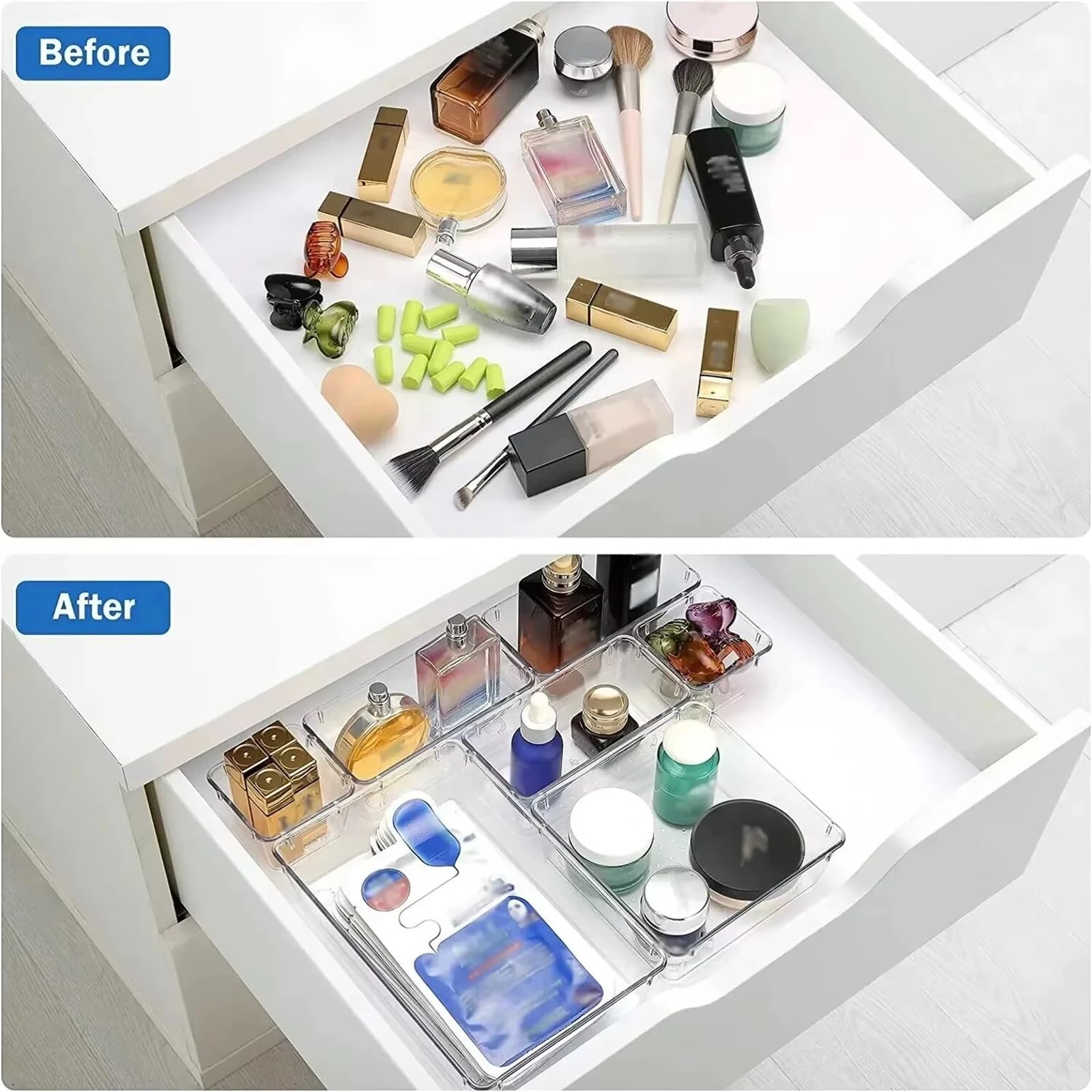 Organizer Cassetti 25 PCS Drawer Organiser Set Clear Plastic Desk Organizer Dividers Trays Dresser Storage Bins Separation Box for Makeup(Transparent-21Pcs)