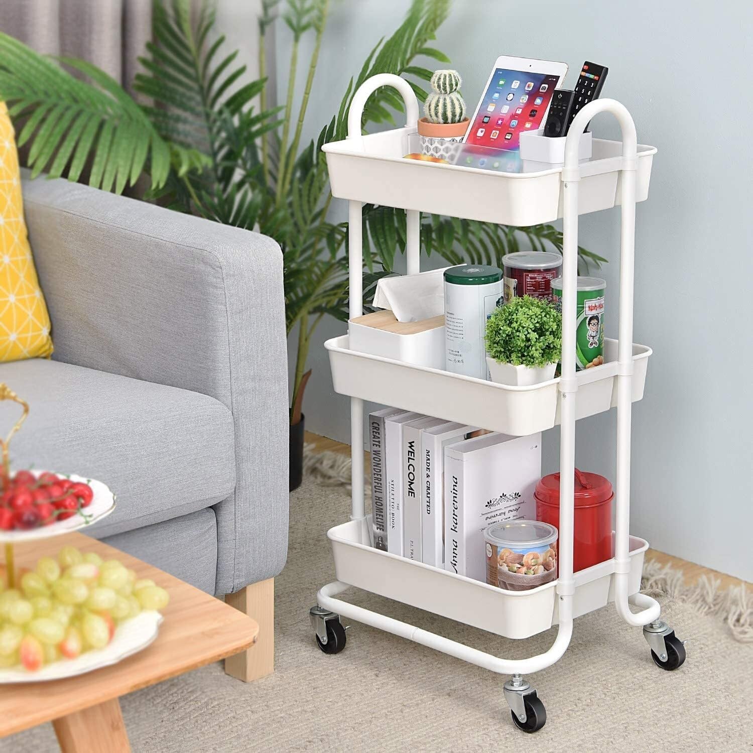 Carrello di Servizio Carrello Portaoggetti A 3 Ripiani Con Ruote E Maniglie, Carrello Multiuso, Carrello Di Servizio Per Casa, Ufficio, Cucina, Bagno Carrello Salvaspazio(White)