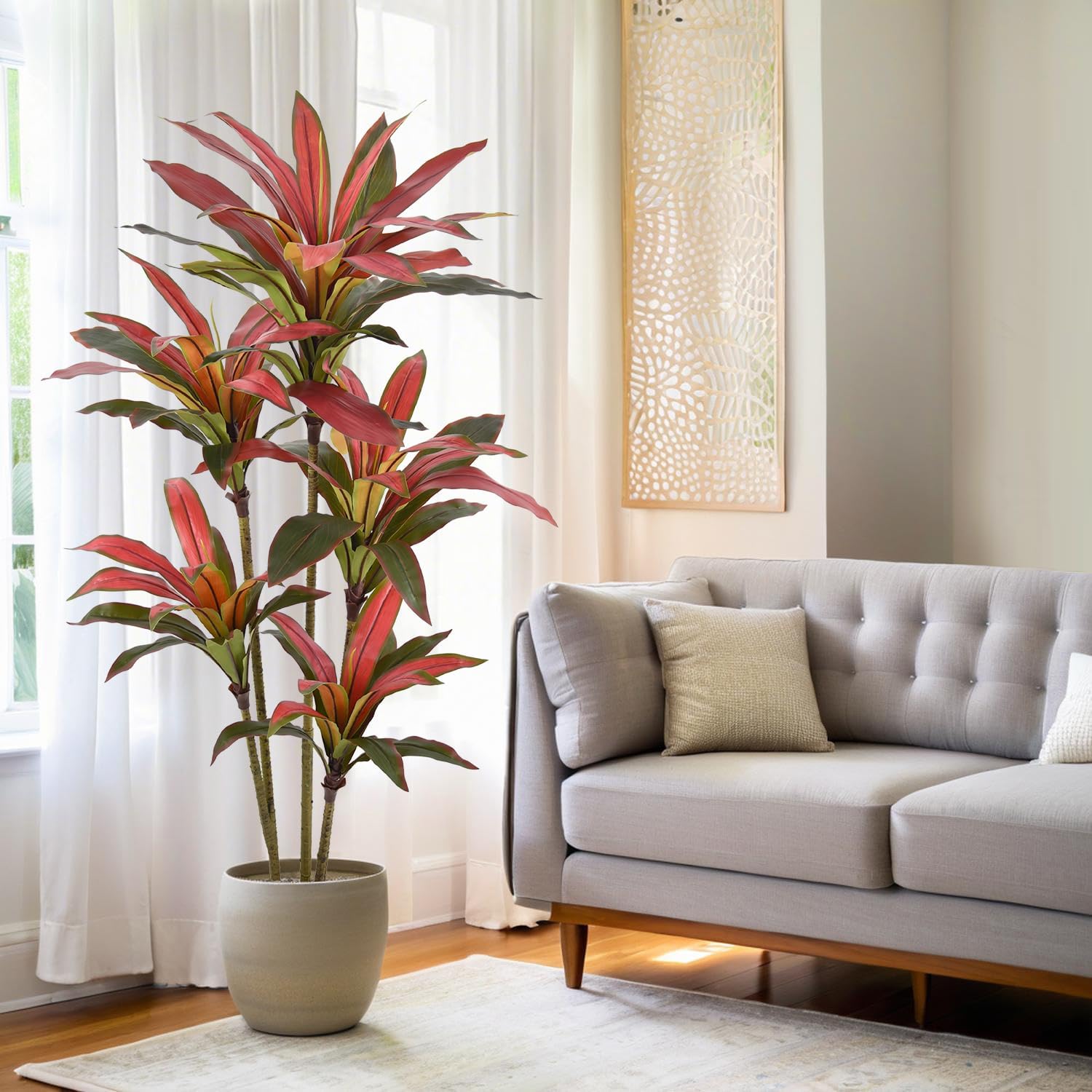 Artificial Dracaena Tree 5ft(60in) Tall Large Faux Silk Plants with Realistic Trunks and Red Leaves, Fake Floor Potted Artificial Plants for Home Office Indoor Decor (5feet,1Pack) - Image 4