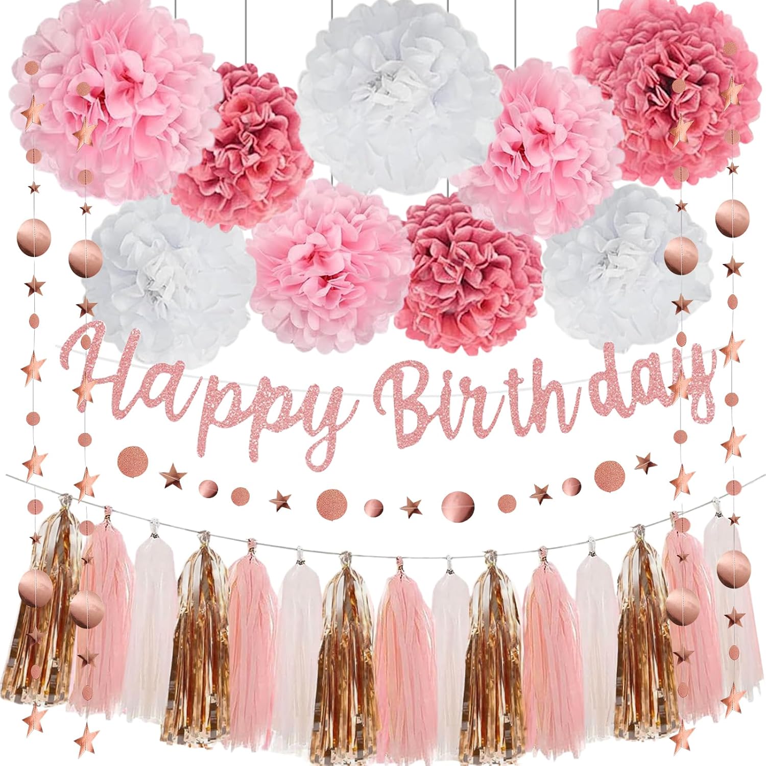 Pink Rose Gold Birthday Party Decorations Set, Rose Gold Glittery Dots Star Garland And Happy Birthday banner, Pom Poms Flowers Tassels for Girl Women Party Supplies