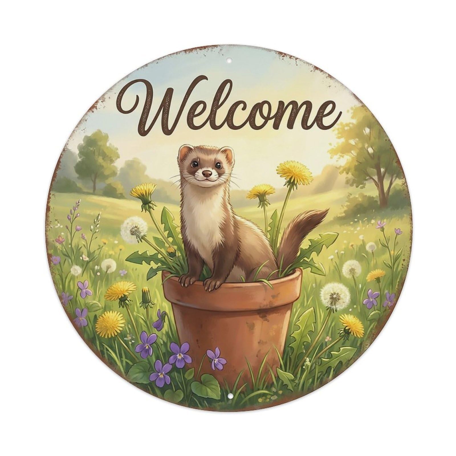 Welcome Weasel Dandelion Meadow Metal Tin Sign