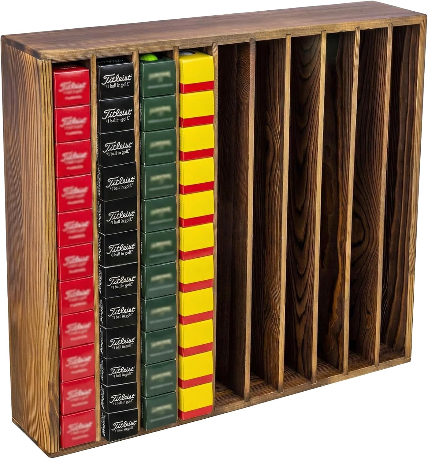 MyGift Golf Ball Sleeves Holder with 10 Compartments, Rustic Burnt Solid Wood Retail Display Rack, Commercial Wall Mounted Storage Shelf