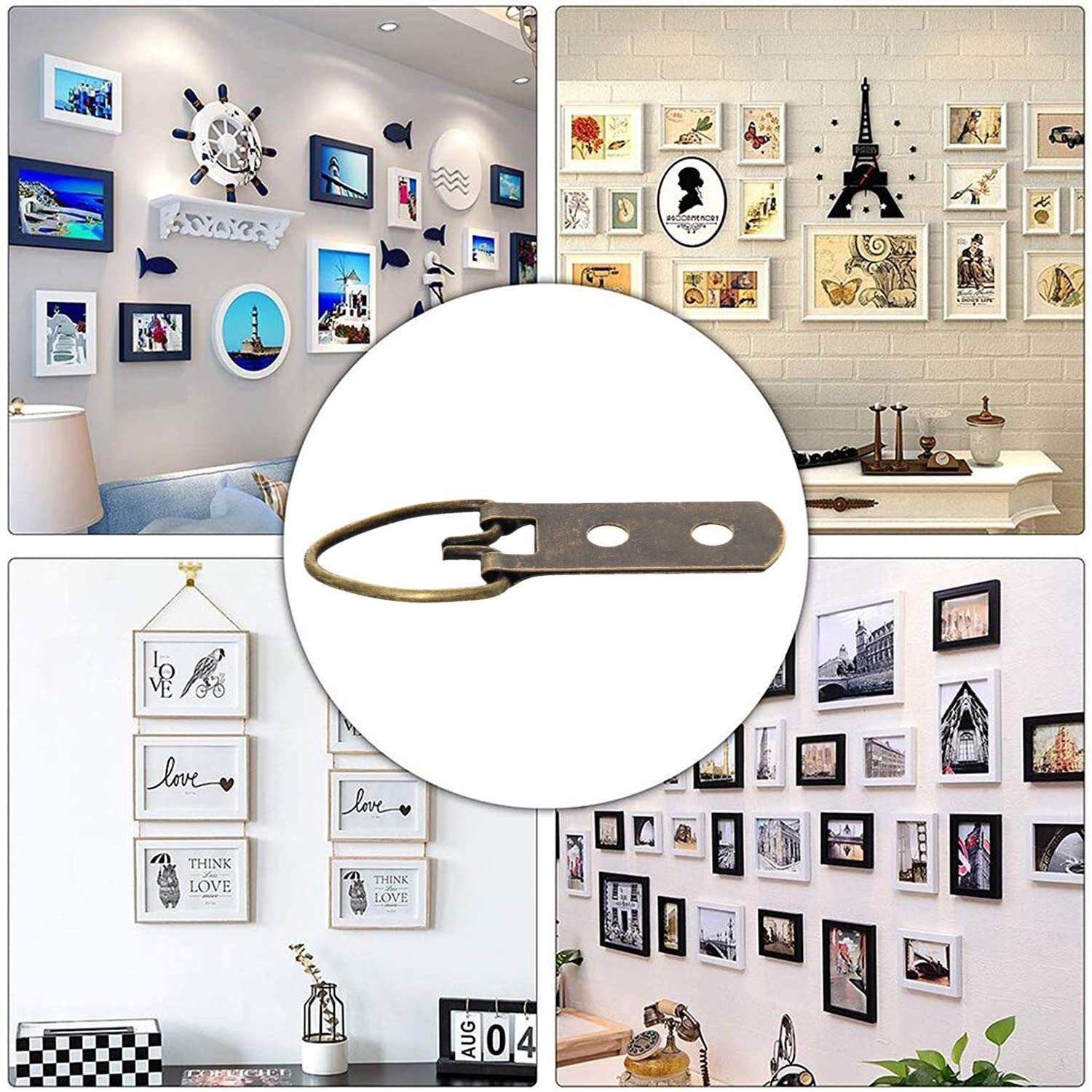 Caianwin 30 Pezzi Ganci per Foto con Anello a D, Ganci a Triangolo con Viti, Piccoli Ganci in Acciaio per Appendere Orologi, Dipinti, Cornici Fotografiche (Oro