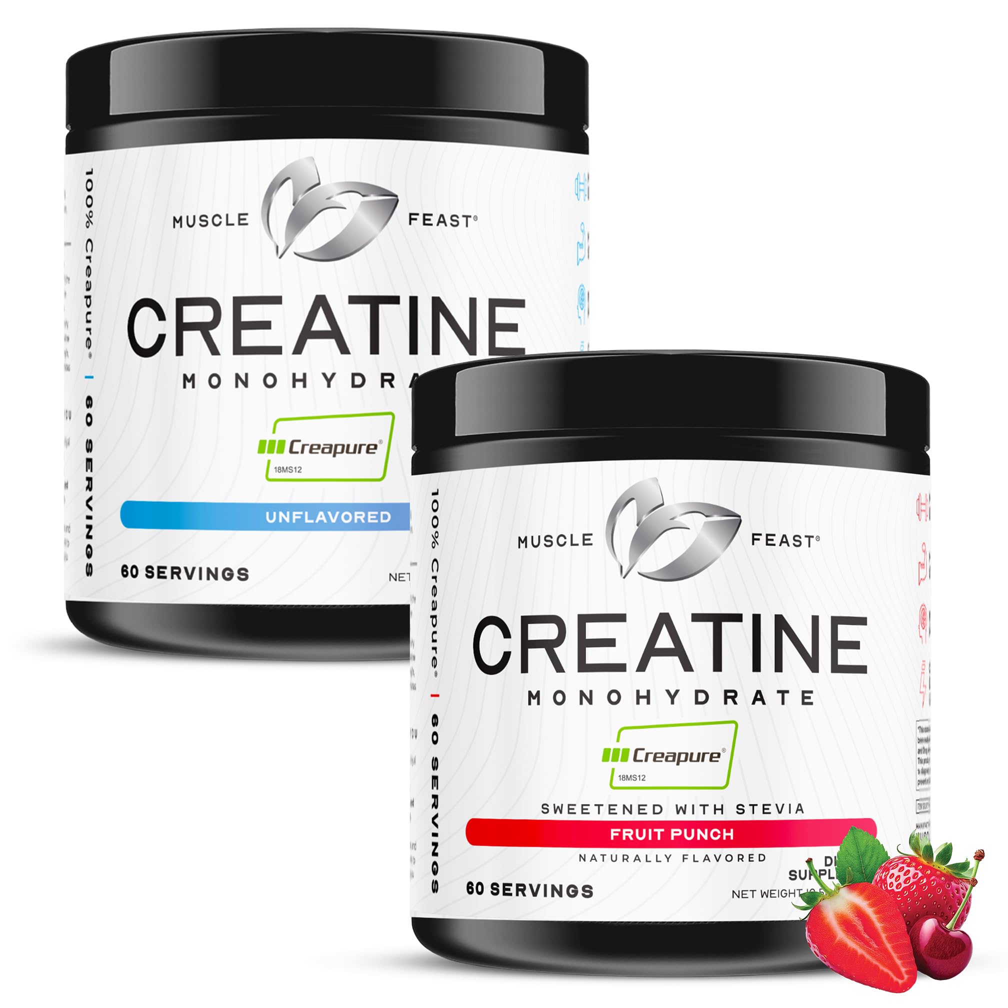 Muscle Feast Creapure Creatine Monohydrate - Unflavored 300g (x1) and Fruit Punch 300g (x1) - Vegan Keto Friendly Gluten-Free Easy to Mix, Muscle Recovery Suppl