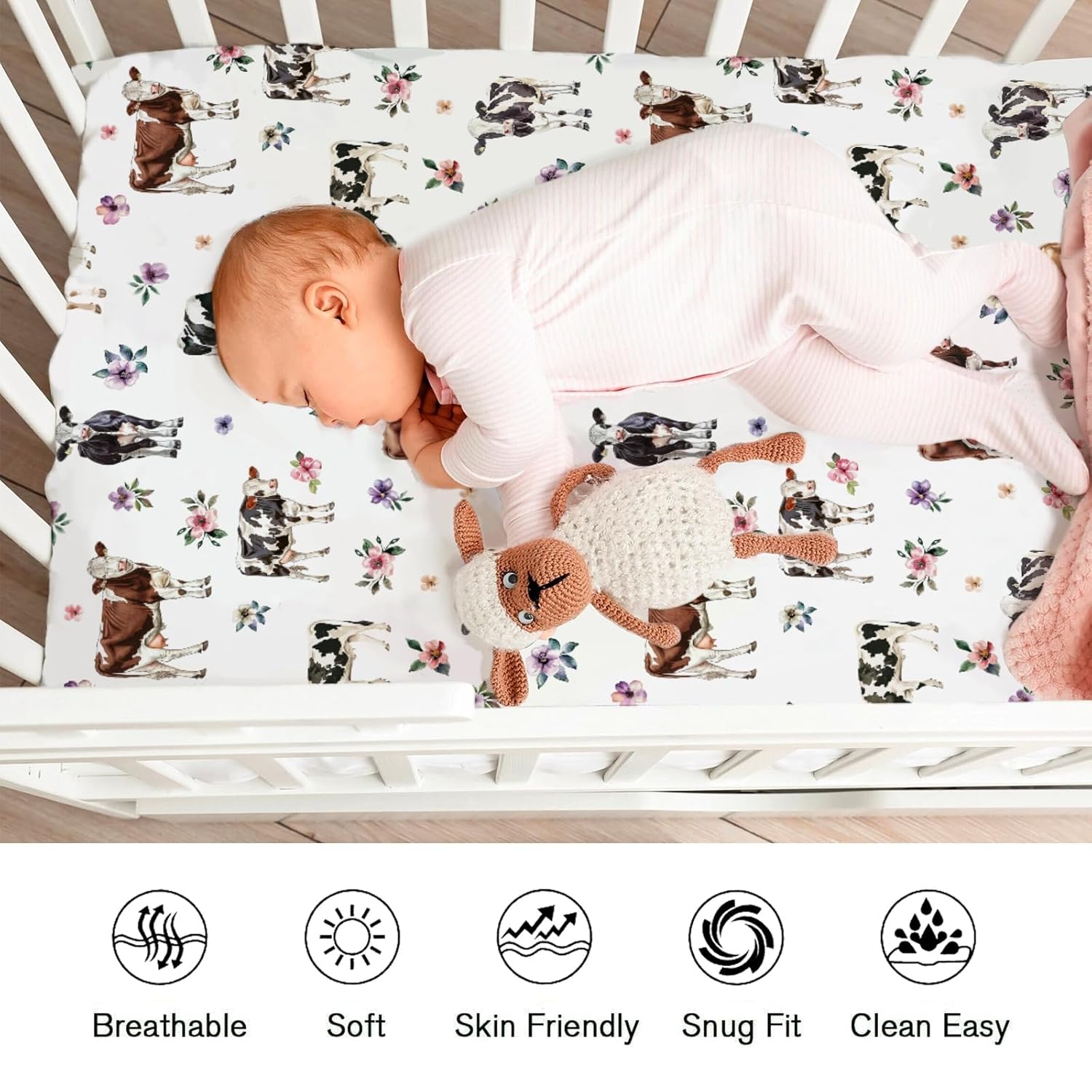 Watercolor Cow Boho Floral Baby Crib Sheets for Boy Girl 52"x28" Farm Cows Colorful Flowers Leaves Crib Mattress Cover Soft Breathable Unisex Baby Sheets for Standard Crib and Toddler Mattresses