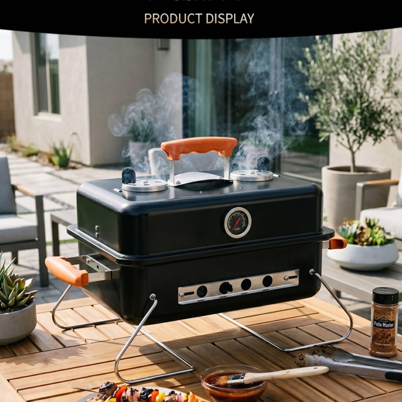 Barbecue a Carbone Portatile Adatto Al Campeggio Barbecue con Coperchio Robusto Griglia Portatile con Termometro per Campeggiatori, Giardino