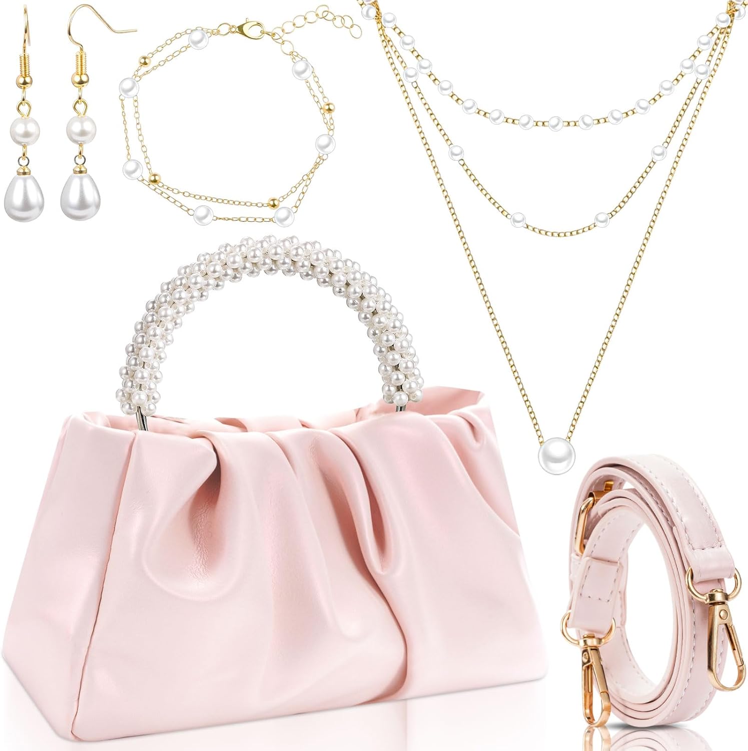 Liliaafar 4 Pcs Evening Clutch Purse with Pearl Jewelry Sets,Clutch Bag Pearl Earrings Necklace Bracelet for Wedding Party