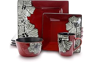 Elama Stoneware Dinnerware Collection, Red with White Flower Accents