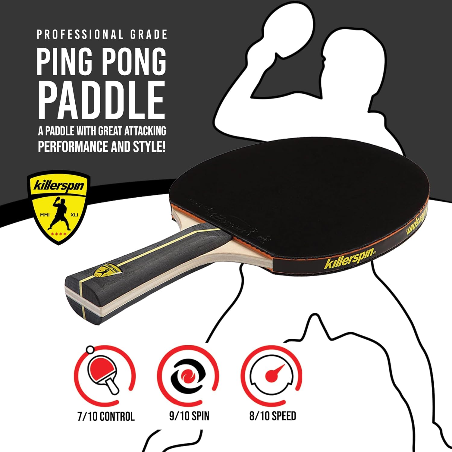 Killerspin Jet Black Ping Pong Paddle - Table Tennis Rackets for Beginner & Advanced Table Tennis Players -Flared Handle – Control with Comfort