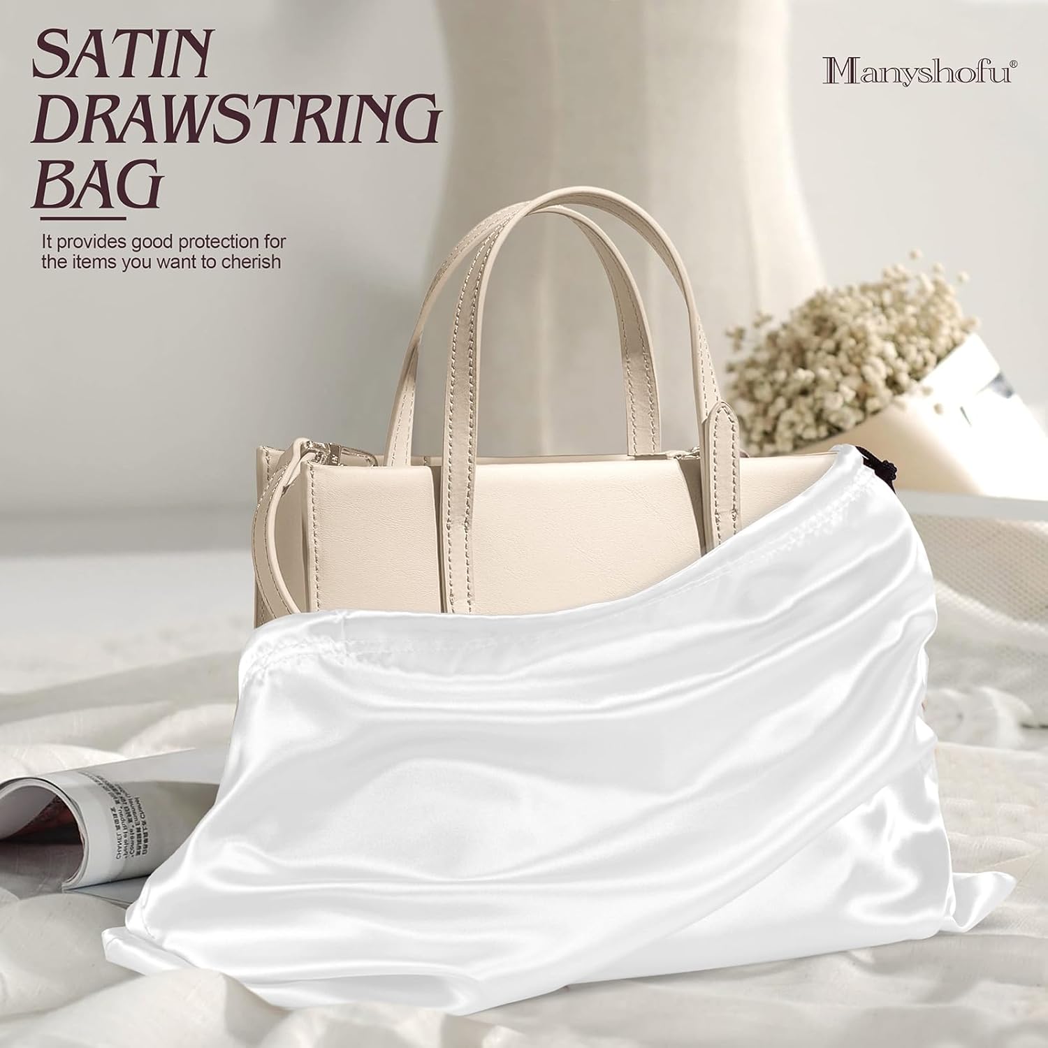 Manyshofu 7 Pack Satin Dust Bags for Handbags Storage, Silky Shoe Bag White Drawstring Bags for Shoes & Purses - Silk Dust Cover Bag Dustproof Protector Travel Storage Pouch(19.6 x 15.7) - Image 6