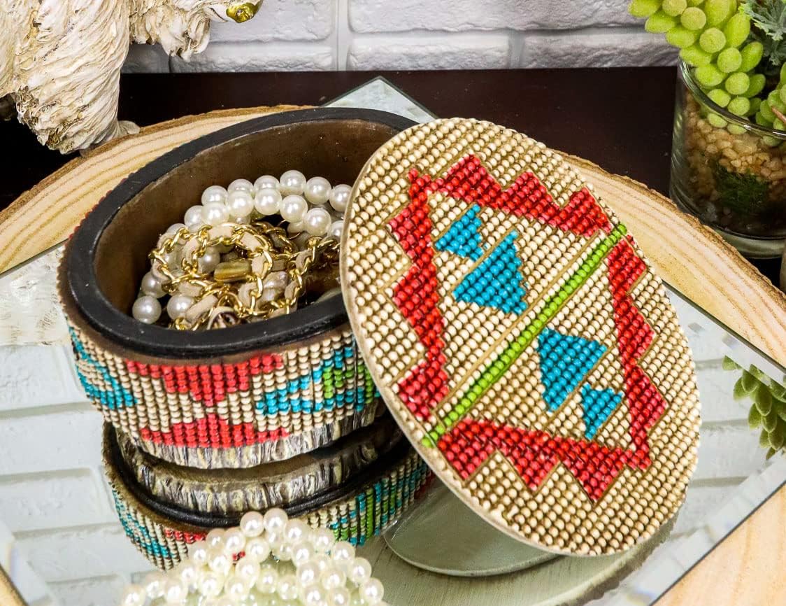 Ebros Gift Rustic Western Southwest Indian Mayan Aztec Vector Symbols in Turquoise Red Tan Bathroom Home Accent Country Old World Sculpture Faux Wood Tree Look (Jewelry Trinket Decorative Box)