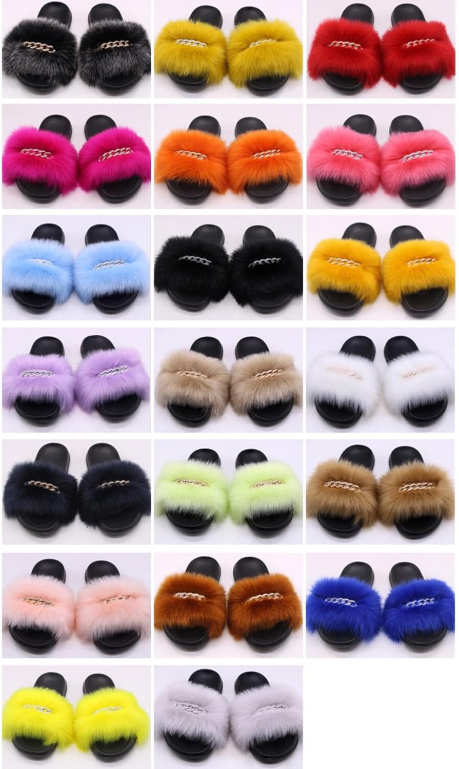 BININBOX Women's Fuzzy Faux Fur Slippers Open Toe Fluffy Plush Slide Sandals with Chain Decor, Soft Cozy Flat Slip-On House Slippers Single Strap Indoor Outdoor