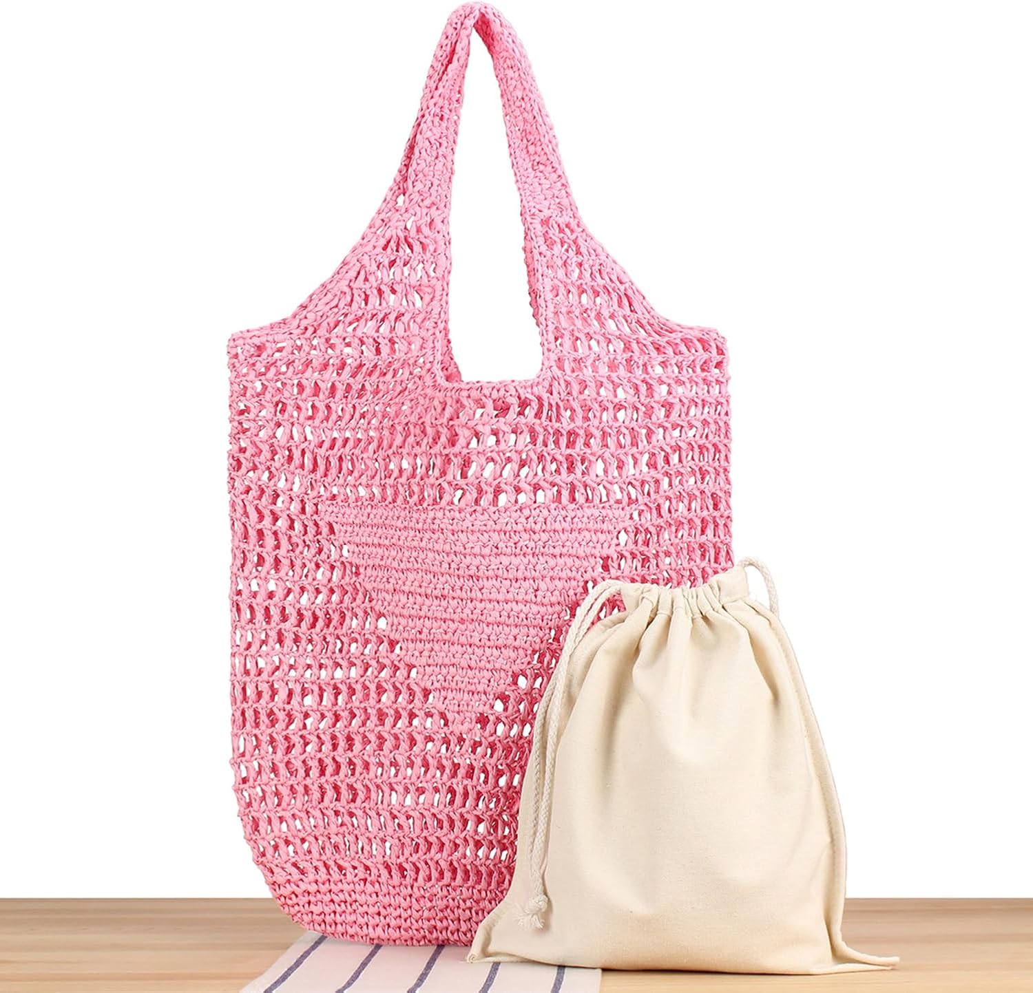 Women Straw Woven Tote Bag, Mesh Hollow Woven Beach Bag, Large Travel Shoulder Handbags Hobo Bag (Brown)