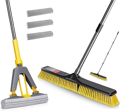 Masthome Roller Sponge Mop with 3 Absorbent Mop Refills & 24" Push Broom with Stiff Bristles and 55" Long Handle