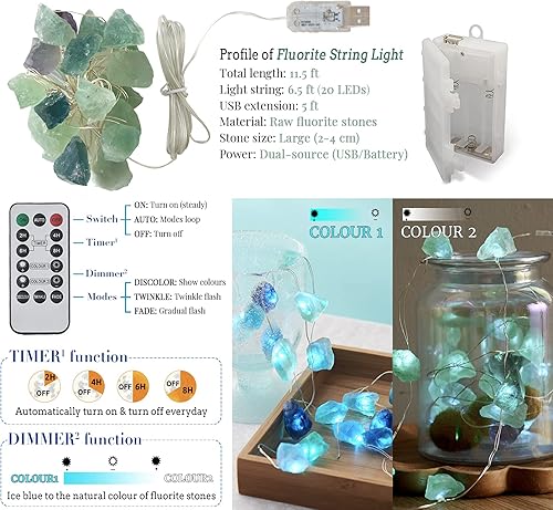 Miniatura 3 de Guirnalda de luces LED de fluorita natural para dormitorio, 6.5 pies, funciona con USB, funciona con pilas, luces de hadas azules, decoración de