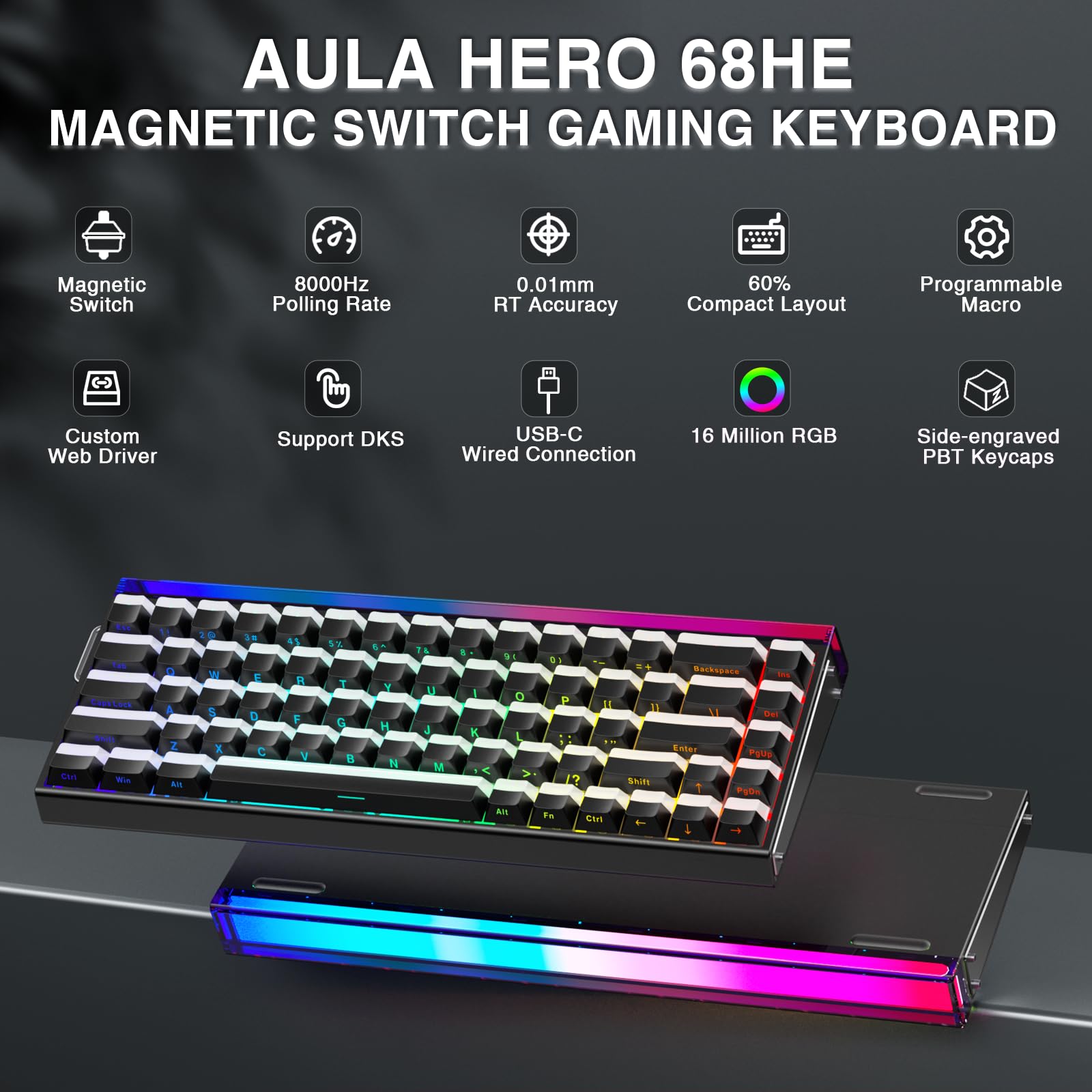 AULA Hero 68 Gaming Tastatur Mechanisch,Hall Effect Magnetic Switch,0.01mm Einstellbare Betätigung Rapid Trigger,8K Polling Rate,Seitlich Graviert,60% RGB Tastatur mit Kabel,QWERTY (Schwarz)
