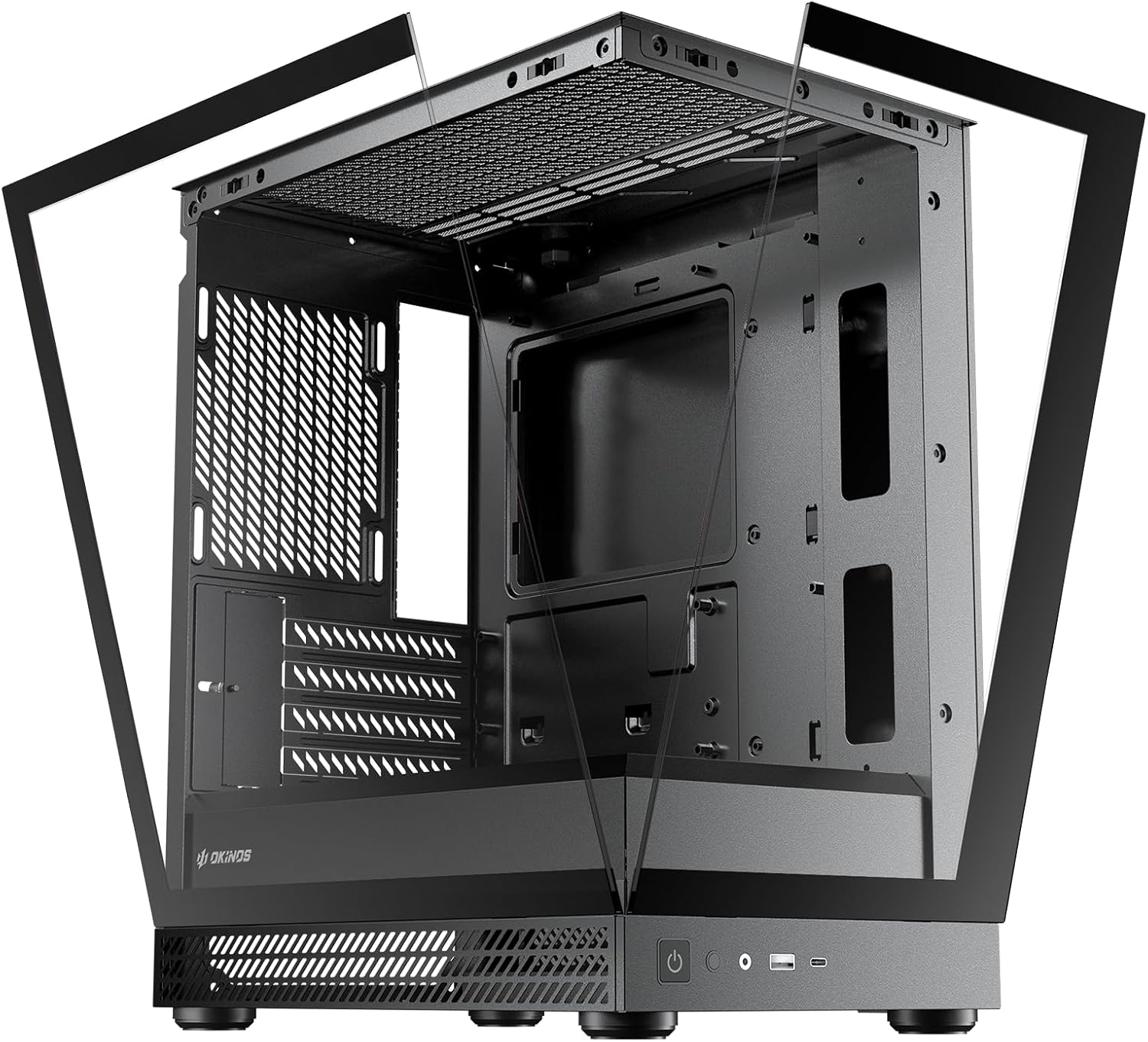 Okinos Aqua UNO Micro ATX Case, Case Only – No Fans Included, No Radiator Support, Max GPU Length 309mm, Quick-Release Panoramic Tempered Glass Front & Side, Type-C 5Gbps, Black