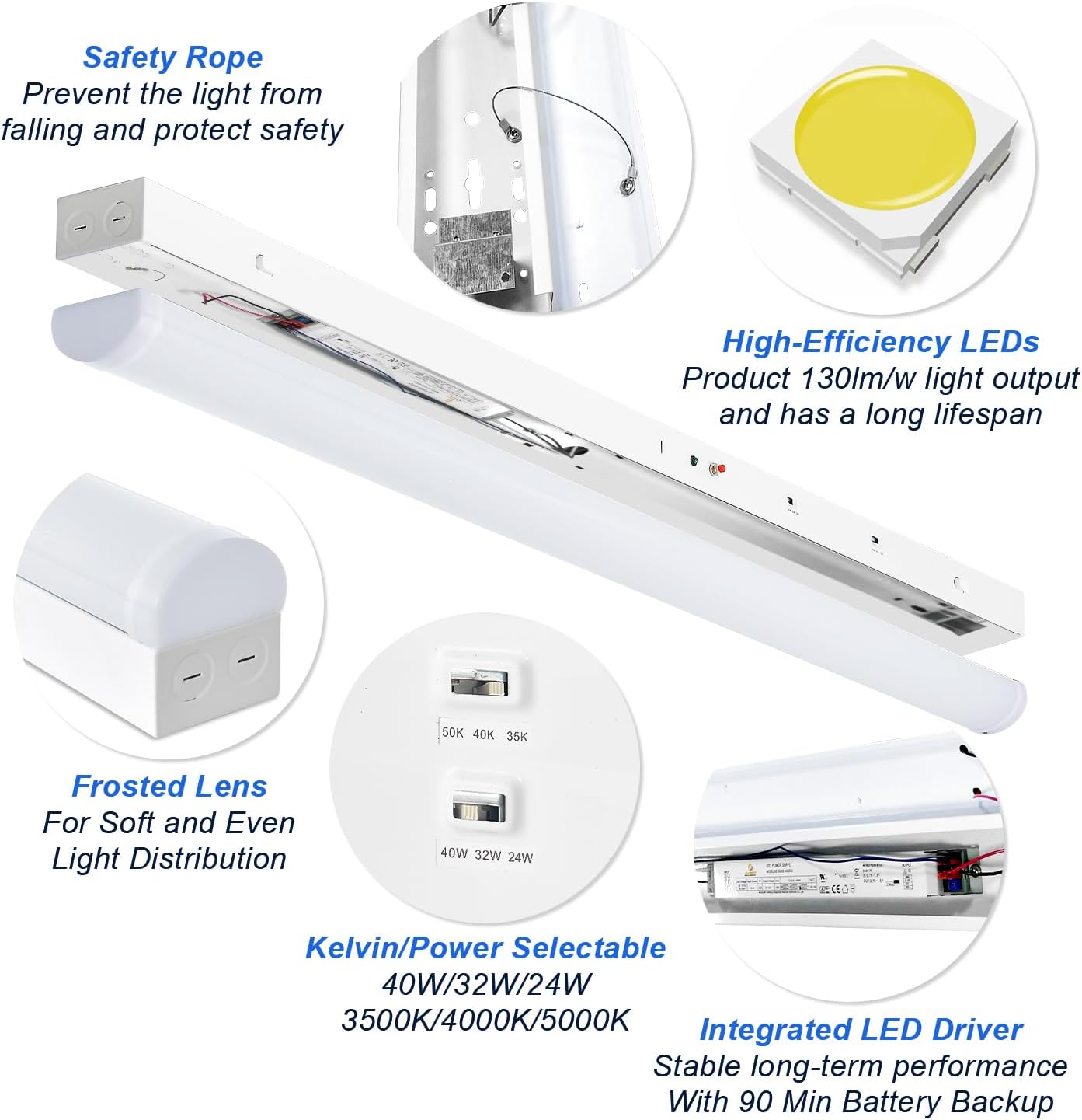 4FT LED Linear Strip Lights with 90 Mins Emergency Battery Backup, 24W/32W/40W Selectable, 3CCT 3500K/4000K/5000K, Dimmable Linkable LED Shop Ceiling Light, AC100-277V DLC ETL Listed (4 Pack)