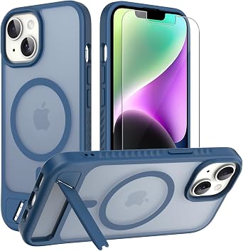 for iPhone 14/13 case [fit for Magsafe] Strong Magnetic & Invisible Stand, Military-Grade Drop Protection with Screen Protector, Adjustable Kickstand Frosted Translucent Matte Phone Case, Navy Blue