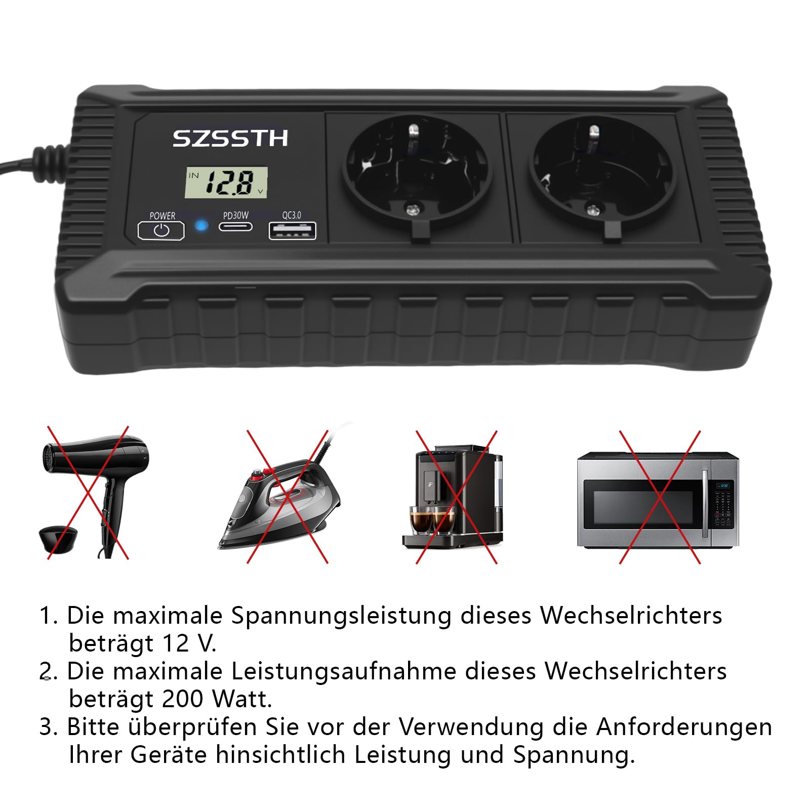 200W Auto Wechselrichter 12v auf 230v Spannungswandler mit PD USB-C und USB-A Anschluss, Auto Steckdose Inverter 12V 220V für Campen Reisen Handys Laptop Pad Und Mehr