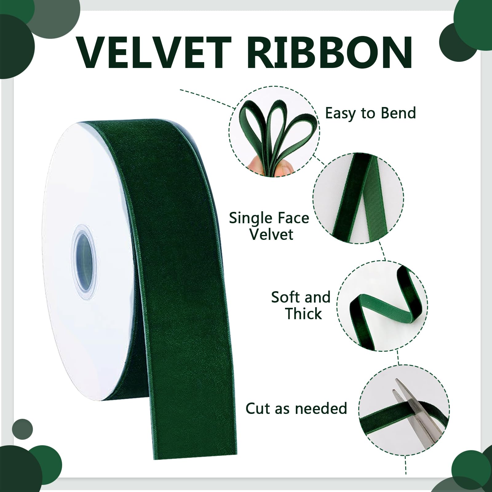 Dark Green Velvet Ribbon, 25mm×36m Soft Luxurious Green Velvet Ribbon for Gift DIY Crafting, Valentine, Bouquets, Cake - Image 3