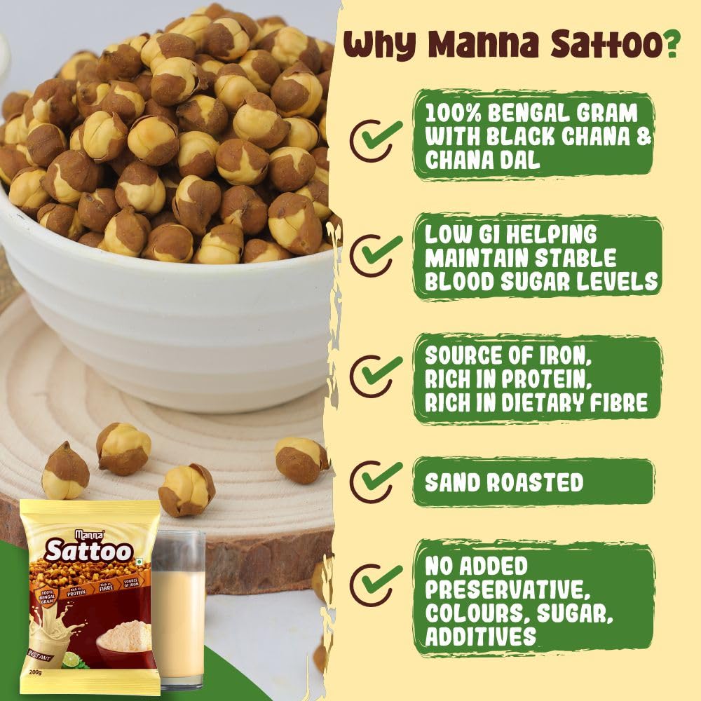 Manna Sattu/Sattoo Drink Mix (Natural) - Indian Protein Mix, High Fibre, Healthy Roasted Chickpeas Flour - 1 Kg (500g x 2 Packs)