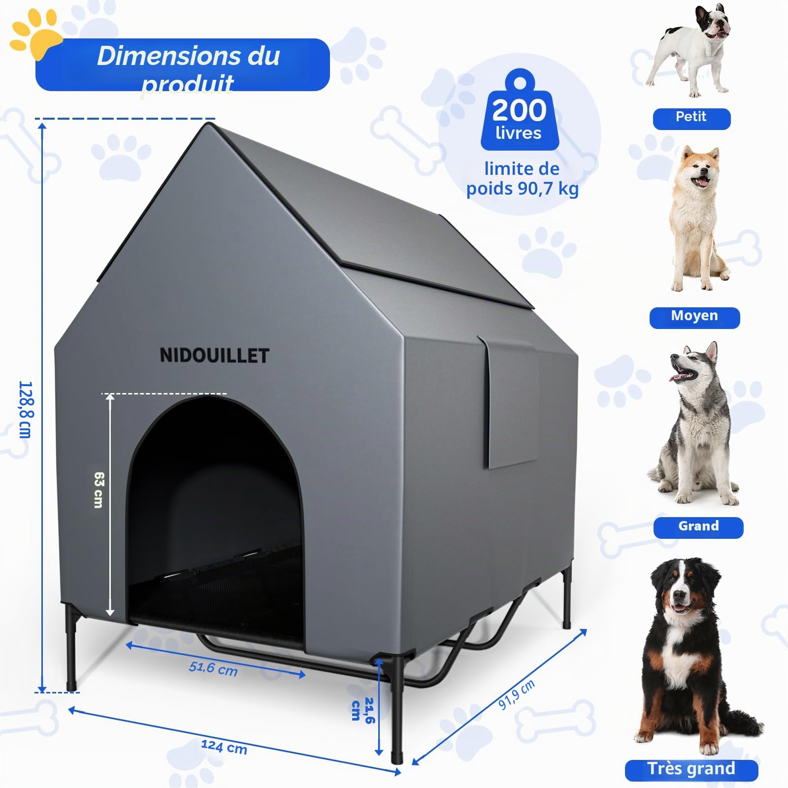 Maison de Chien pour Grande Race 122cm extérieur ou intérieur, résistant aux intempéries 600D PVC Grand Chiot Maison, Respirant 2x1 Tissu Textilene lit surélevé pour Chien
