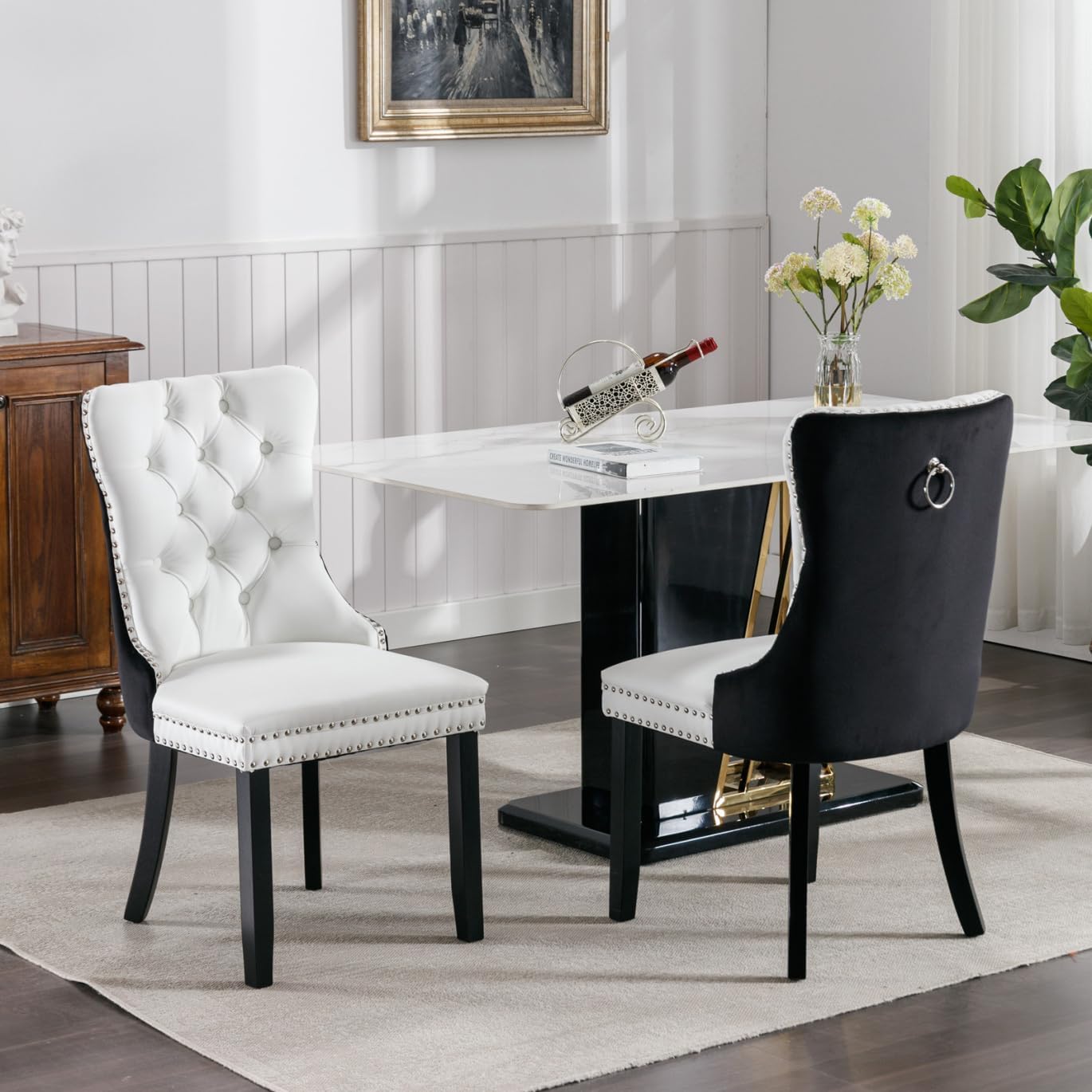 Dining Chairs Set of 2, PU Leather Upholstered Dining Room Side Chairs with Button Tufted Back, Nailhead Trim & Wooden Legs, Modern Counter Height Bar Stools for Home Kitchen Island, White+Black