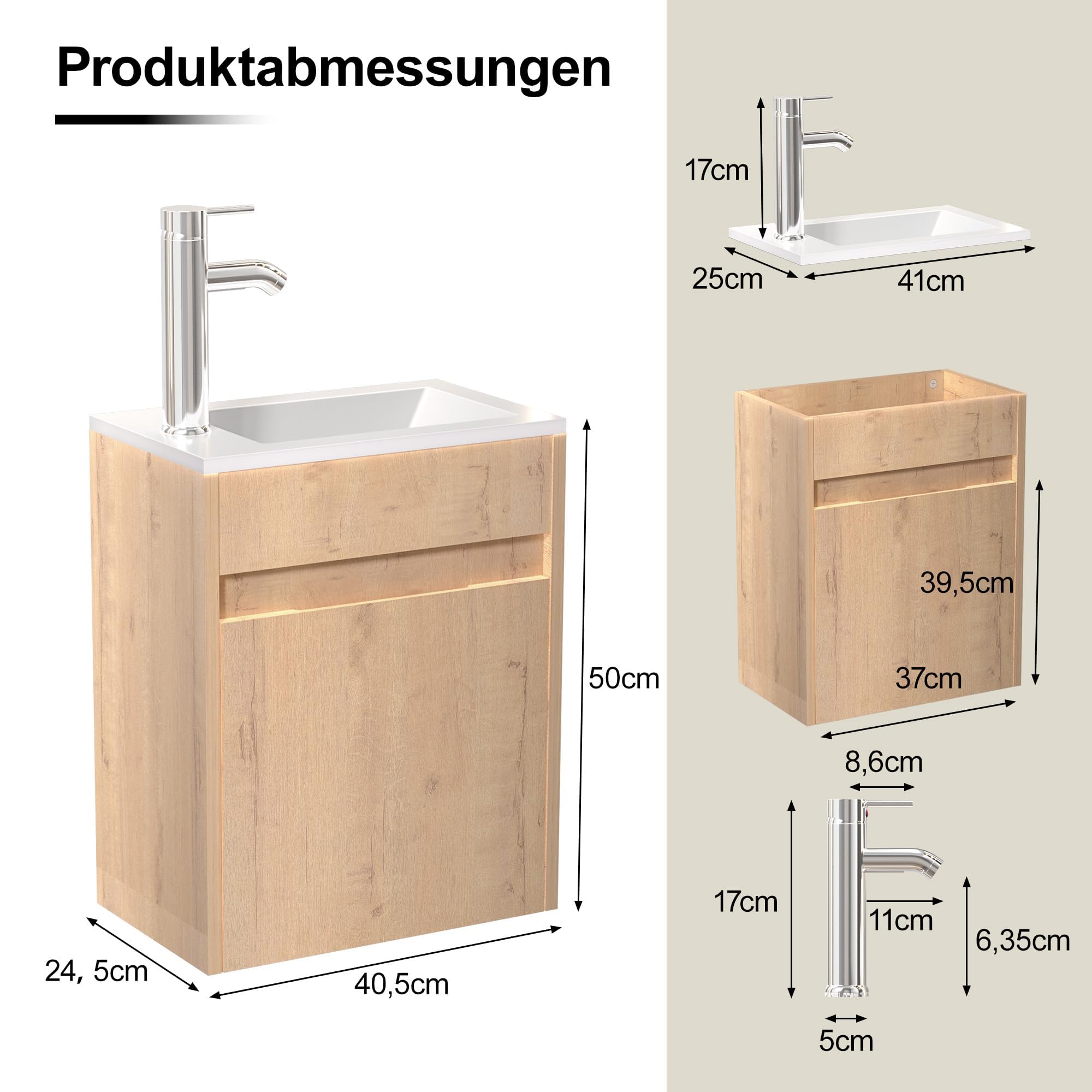 UEV Umywalka z szafką pod umywalkę 40,6 cm, WC dla gości, kolor naturalny | Umywalka z szafką pod umywalkę, wisząca szafka pod umywalkę, zestaw mebli łazienkowych do małej łazienki