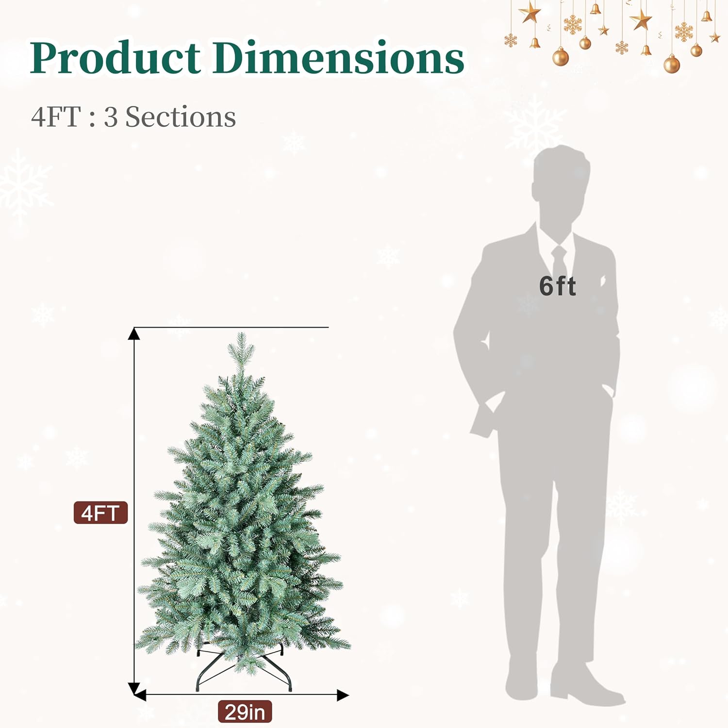 4FT Blue Spruce Artificial Christmas Tree - 600 PE&PVC Tips - Metal Stand and Hinged Branches for Home, Party Decor