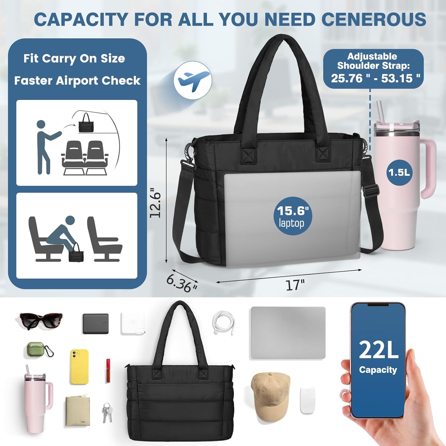 RAINSMORE Tote Bag for Women with Cup Holder, Puffer Work Bag, 15.6 inch Quilted Laptop Handbag for Work, Travel, Teacher - Image 5