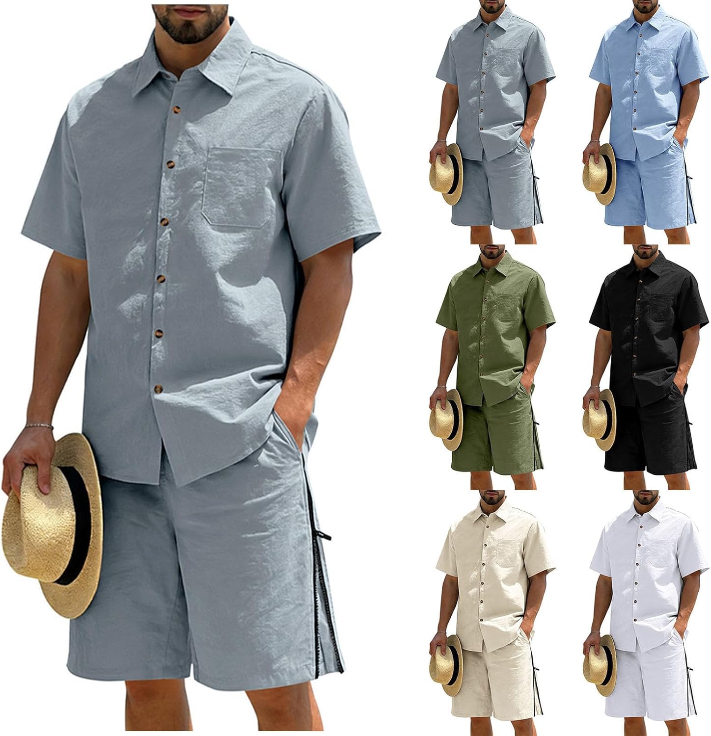 Mens 2 Piece Outfit Short Sleeve Button Down Shirts and Drawstring Beach Shorts Set Casual Summer Tracksuit with Pocket