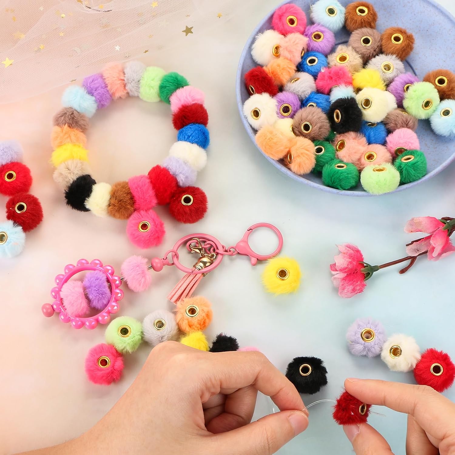 100Pcs Fluffy Beads Pom Poms Beads Soft Faux Fur Pom Pom Spacer Beads Plush Ball Beaded for Pens Jewelry Making DIY Necklace Bracelet Bangles Earrings Keychains Hair Clip Crafts Accessories - Image 4