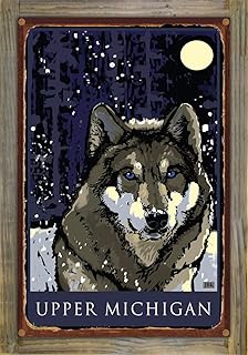 Upper Michigan Timber Wolf Rustic Metal Print on Reclaimed Barn Wood from Illustration by Artist Joanne Kollman 11.5" x 17.5"