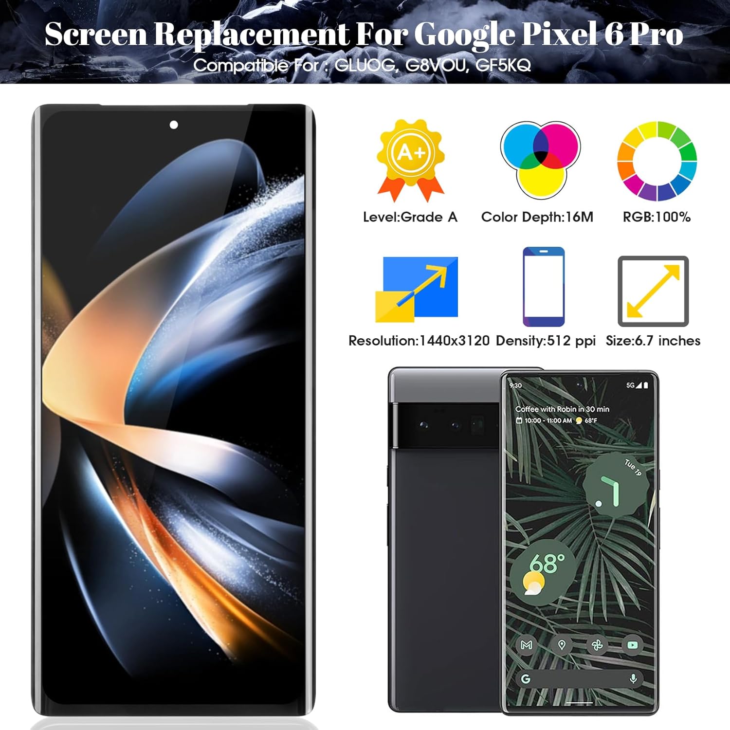 OLED for Google Pixel 6 Pro Screen Replacement for Google Pixel 6 Pro LCD Digitizer Repair Kits for Google Pixel 6 Pro GLUOG G8VOU Touch Screen Display Assembly Replacement with Frame(Black)