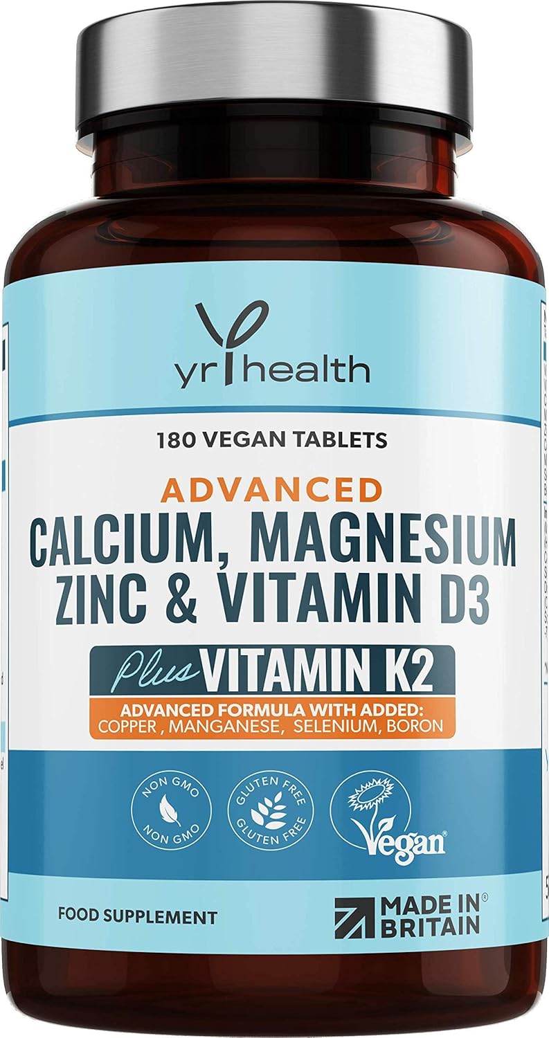 Calcium, Magnesium, Zinc and Vitamin D Plus Vitamin K2 MK-7 Tablets – Osteo Supplement – 180 Vegan Tablets not Capsules – Made in The UK by YrHealth