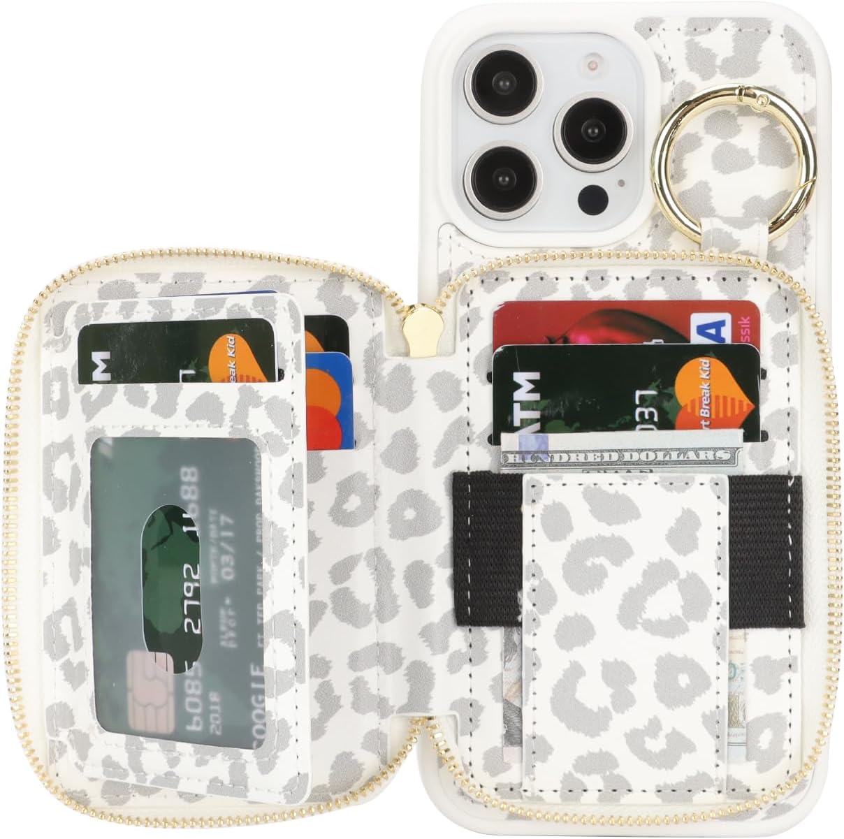 for iPhone 16 Pro Max Case Wallet with Card Holder,for iPhone 16 Pro Max Phone case Wallet with Zipper with Slot Kickstand Stand Case for Women and Man 5G 6.9 Inch-White Leopard