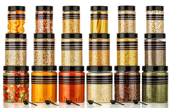 Plastic Pet Storage Jar and Container, Set of 18 With Spoons Air Tight | Kitchen Organiser Improved Model Black line Printed