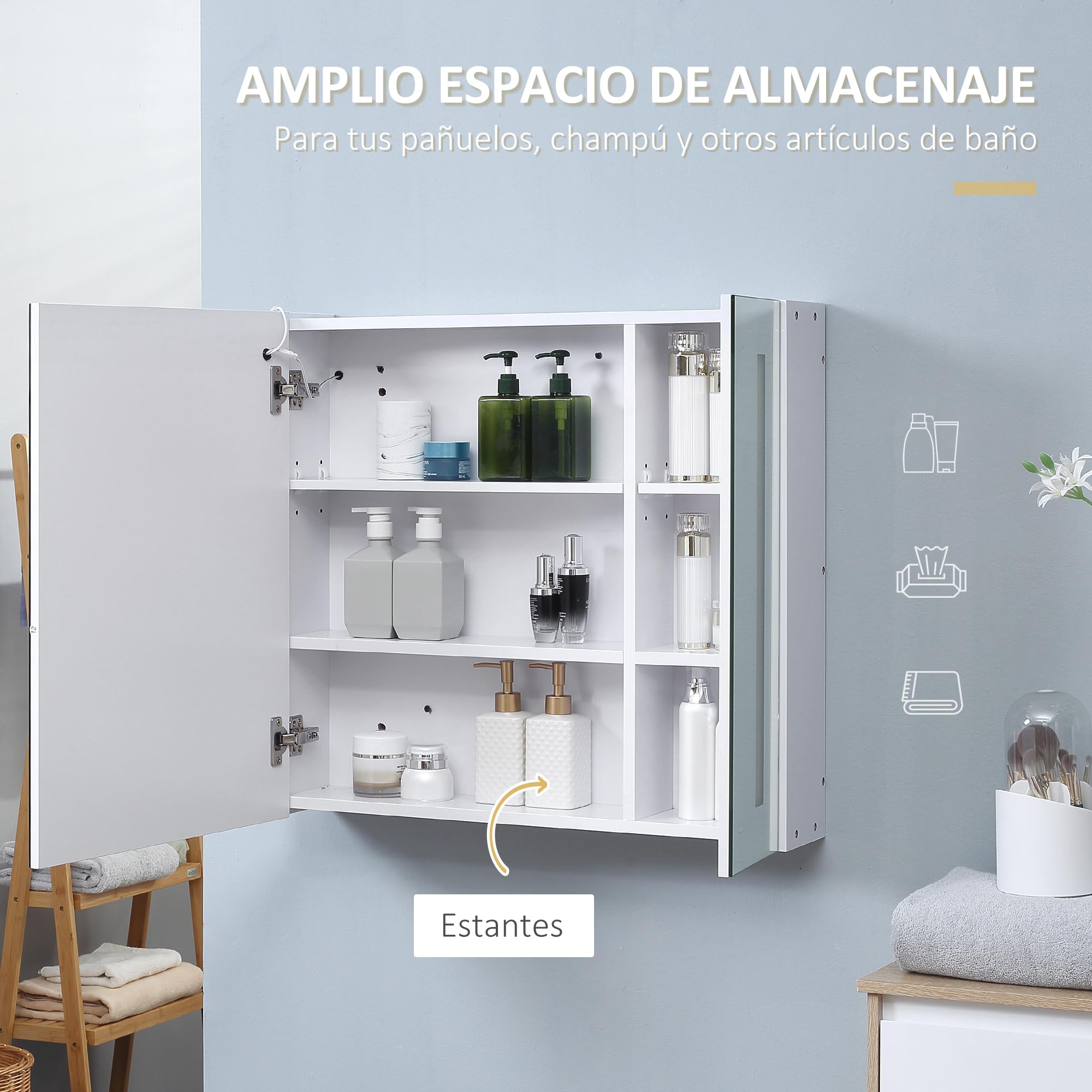 kleankin Armario con Espejo de Baño con Luz LED 70x15x65 cm Blanco | Armario de Baño Colgante, 2 Puertas, Función de Memoria, Interruptor Táctil, Estilo Moderno