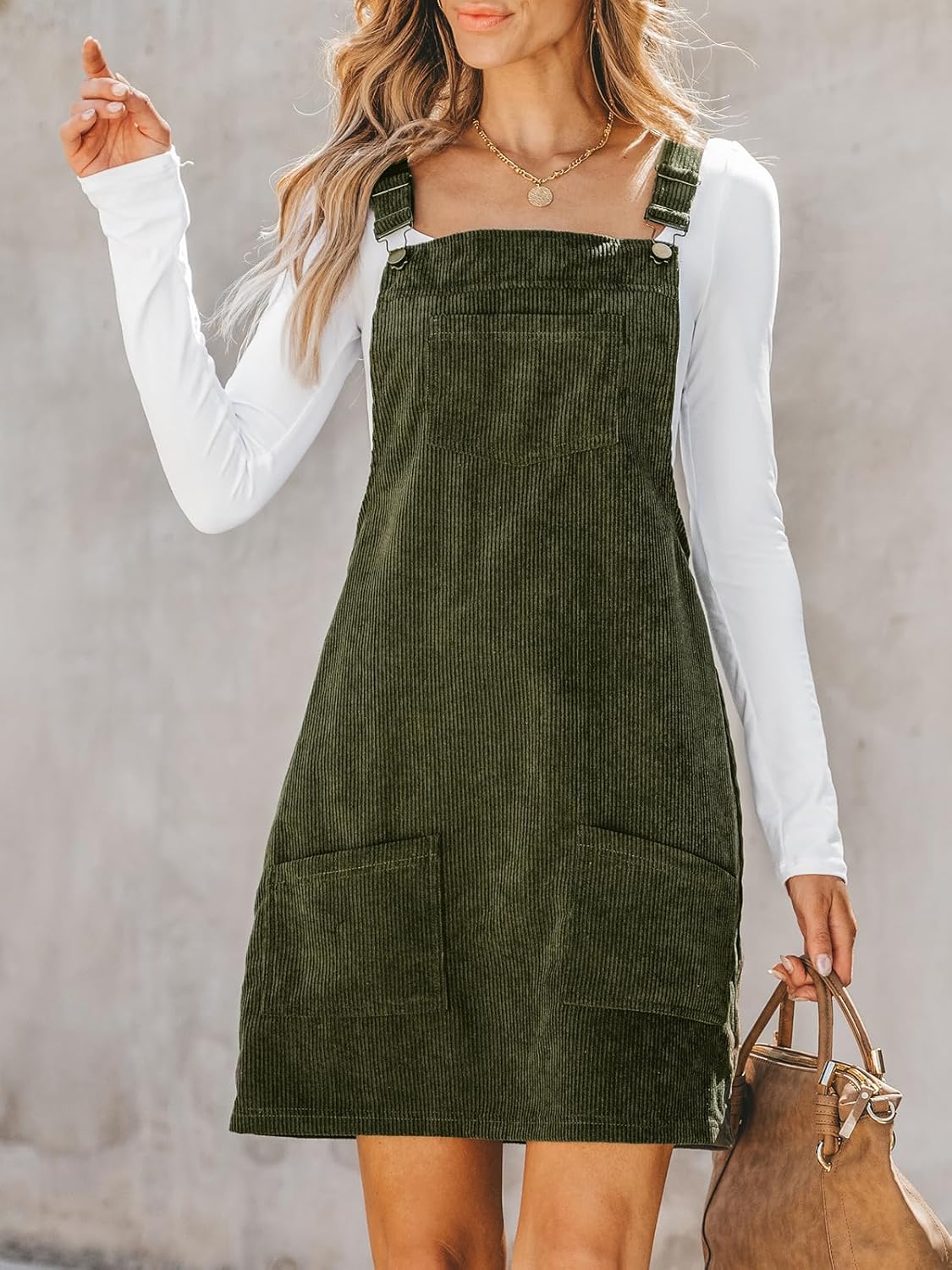 CUPSHE Women Corduroy Fall Dresses Front Bib Pocket Square Neck Wide Strap Casual Overall Mini Dress - Image 5