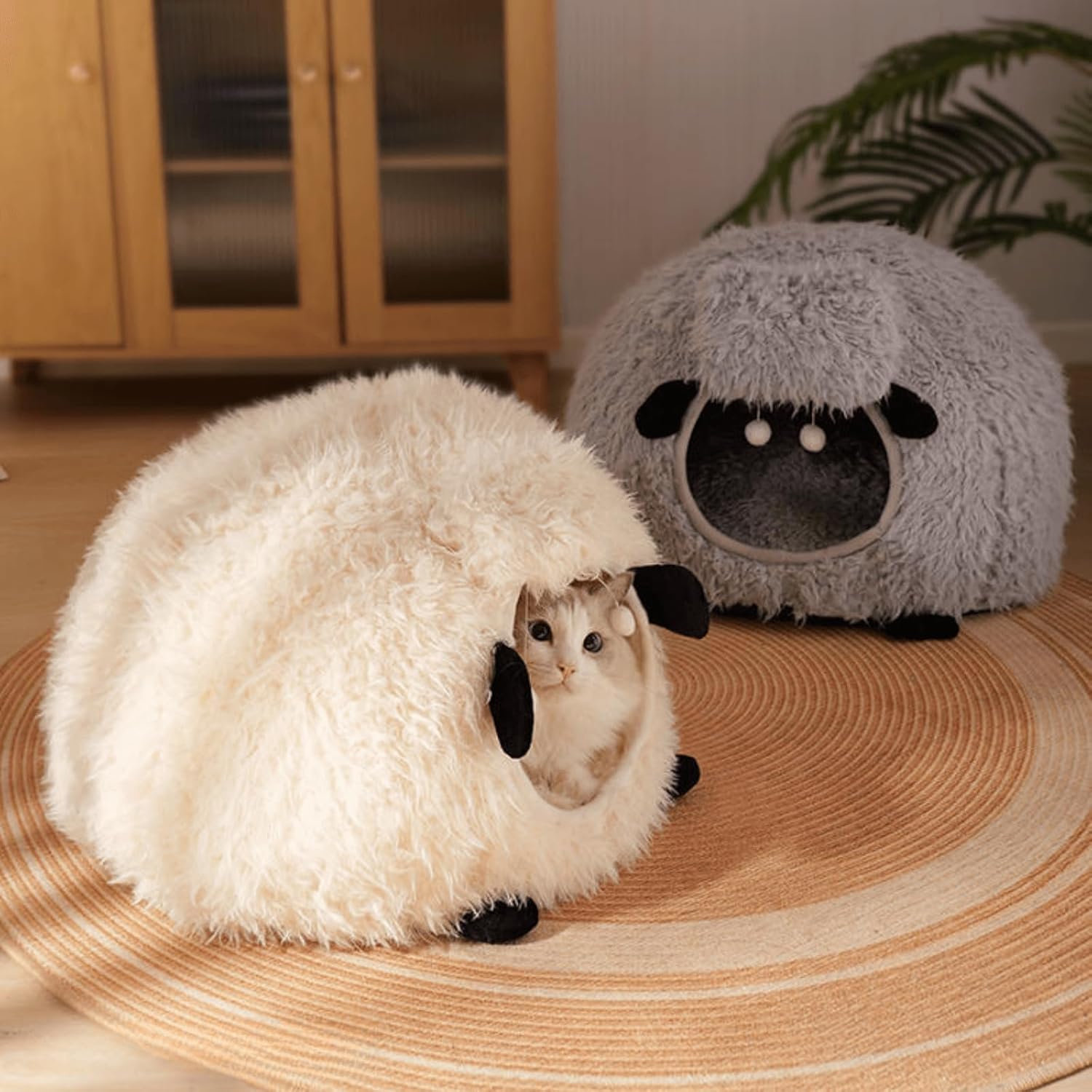 Cute Cat Bed Cave Sheep-Shaped Cartoon Pet Plush House Self-Warming for Indoor Carts and Small Dogs Rabbits with Removable Cushion 2 in 1 Puppy Bed with Hanging Toy (Grey3)