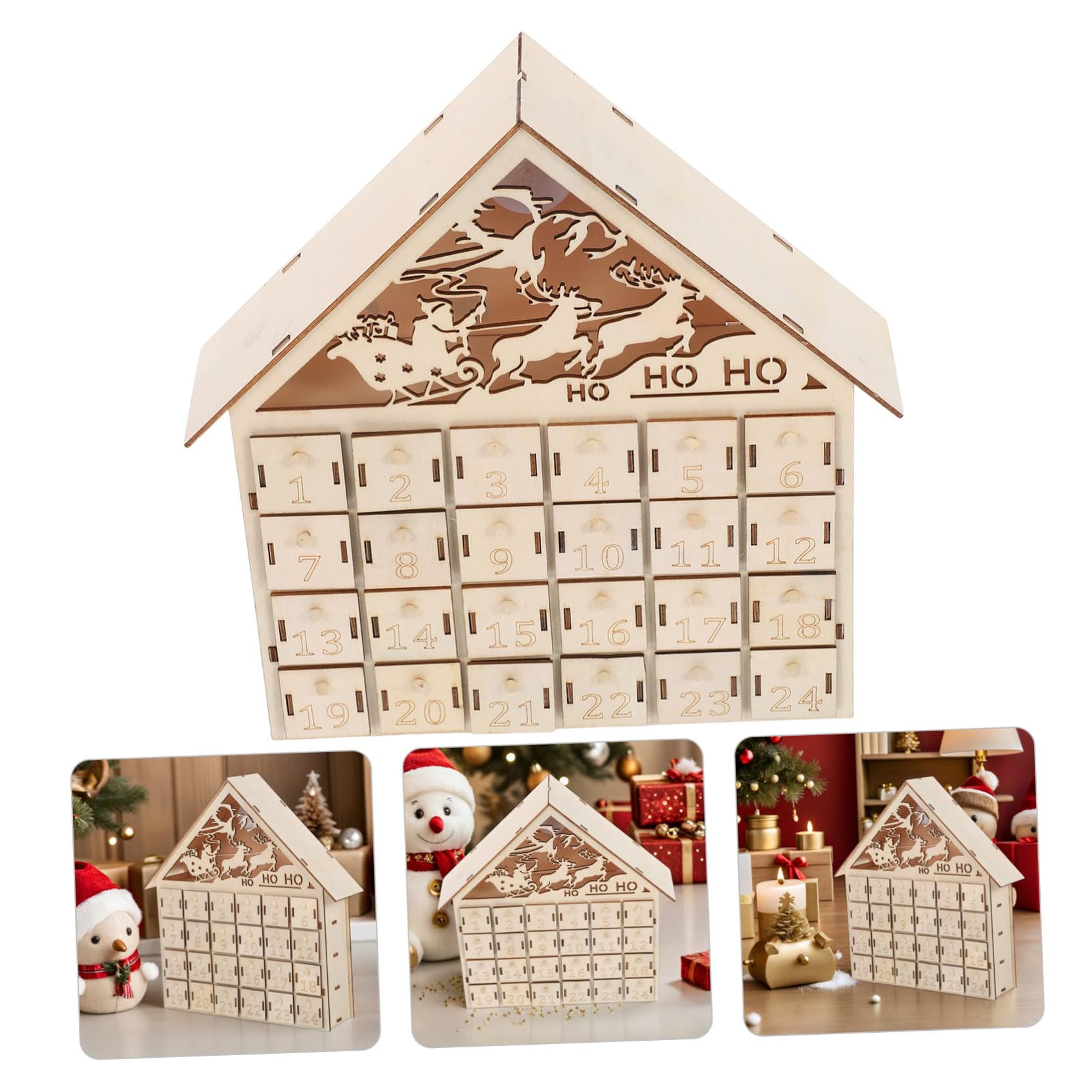 POPETPOP Calendario de Adviento de Madera LED Iluminado Reutilizable Decoración Navideña de Mesa Rústica Regresiva Navidad