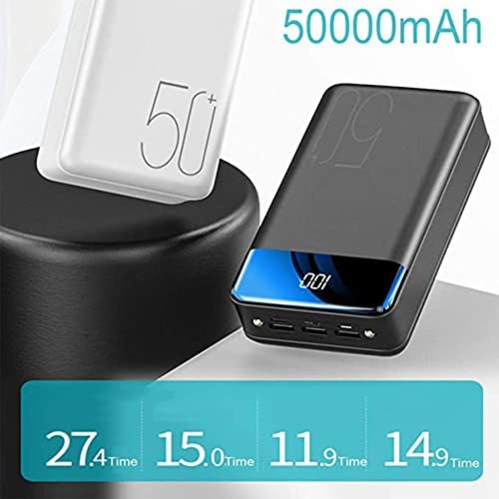 Power Bank Szybkie ładowanie 50000 mAh Przenośna ładowarka, Duża pojemność 3 wyjścia Bateria do telefonu z latarką i wyświetlaczem LED Zewnętrzna bateria kompatybilna z 99% urządzeń USB,Black