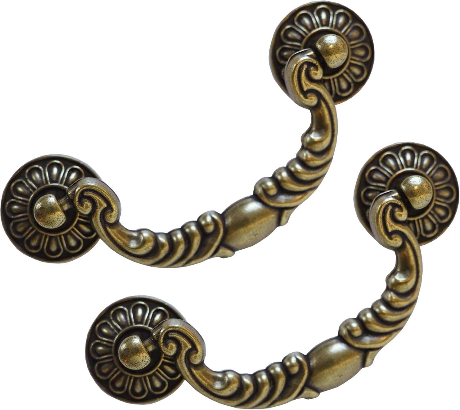 6 Pack Vintage Drop Bail Pulls, 3-1/2 Inch Hole Centers (90mm), Antique Brass Cabinet Handles for Dresser Drawer Cupboard Wardrobe