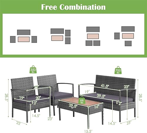 Miniatura 3 de Tangkula Patiojoy - Juego de 8 conversaciones de ratán para patio con cojines de asiento, marco de acero resistente, mesa de madera de acacia,