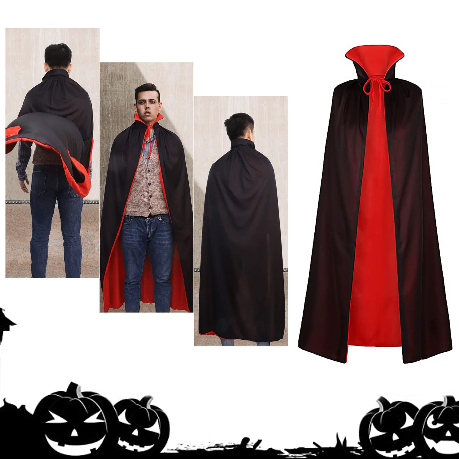 Cape Vampire Halloween Réversible Noir Rouge - Costume Adulte Avec Col Montant Pour Carnaval & Cosplay