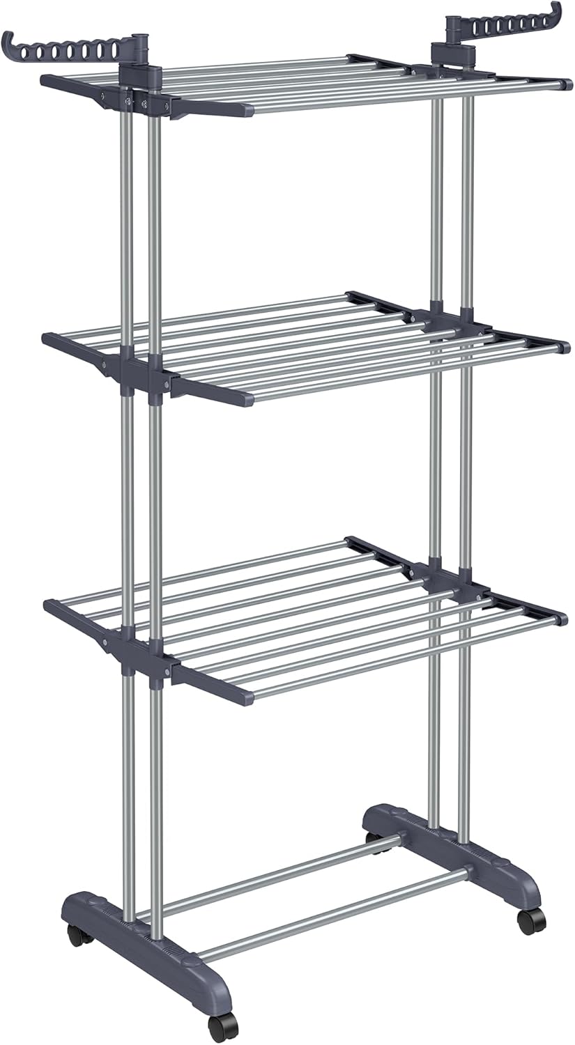 SONGMICS Elbise Havalandırma Sistemi, Stand Kurutucu 4 Kademeli, Kanatlı Elbise Havalandırma Sistemi, Katlanır Kanatlar, Tekerlekli, Kolay Montaj, Gri
