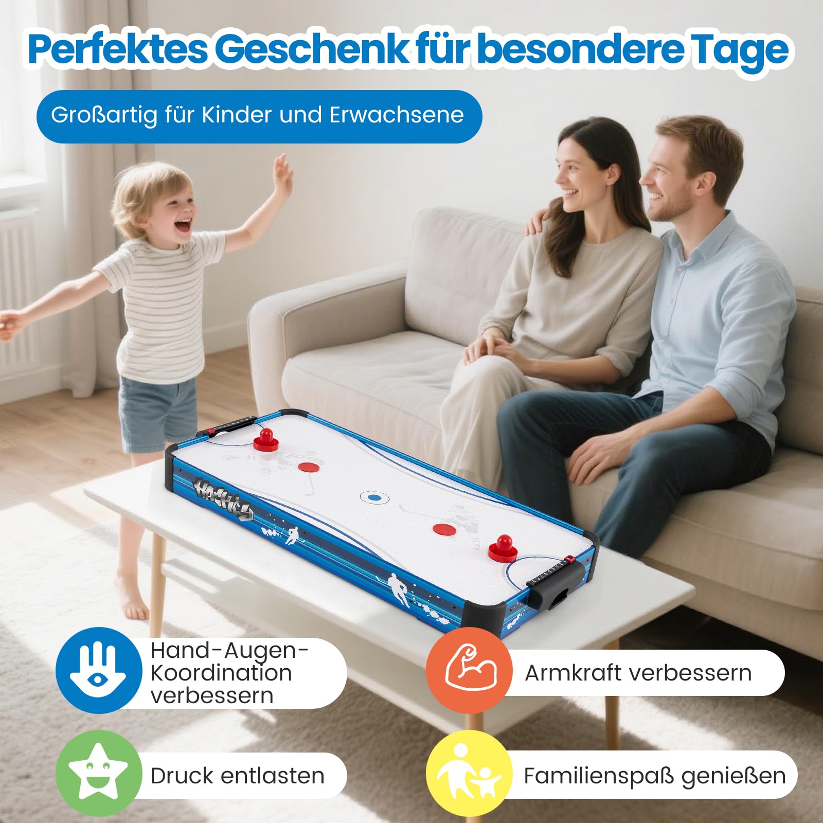 GOPLUS Airhockey Tisch, Air Hockey Spieltisch mit leistungsstarkem 12V Lüfter, 2 Pucks, 2 Schläger, 2 Zählwerke, Lufthockeytisch für Erwachsene und Kinder, Spielzimmer, Wohnzimmer, Büro